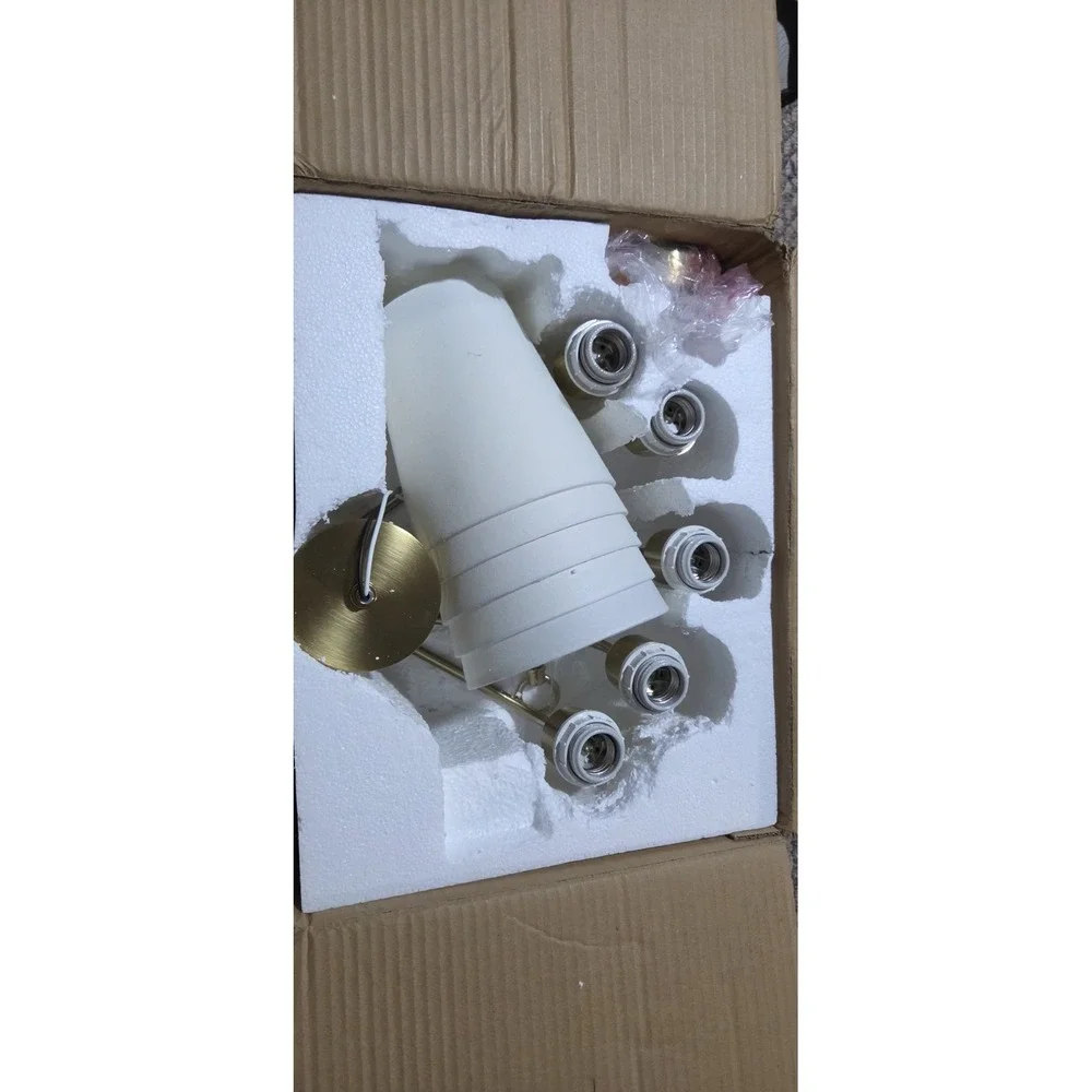 Gold Chandelier, Brushed Brass with Beige Fabric Shade, 6-Light 28